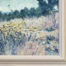 Load image into Gallery viewer, Close-up detail of Yellow Flowers in a Field showing the artist's signature, painted frame, and impressionistic brushwork within the wildflower landscape.
