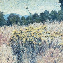 Load image into Gallery viewer, Close-up detail of Yellow Flowers in a Field highlighting the painting's textured surface, layered brushwork, and impressionistic treatment of the wildflowers and landscape.
