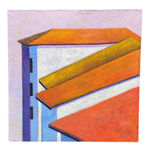 Load image into Gallery viewer, Acrylic painting titled Blue Stripes by Aina Nergaard featuring geometric architectural forms in orange, yellow, and blue tones.
