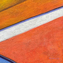 Load image into Gallery viewer, Detail of Aina Nergaard Blue Stripes painting showing textured acrylic surface and layered color.
