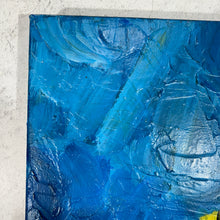 Load image into Gallery viewer, Close-up of upper corner showing thick blue acrylic paint, layered texture, and palette knife marks on canvas.
