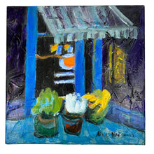 Load image into Gallery viewer, A painting by Aina Nergaard featuring a patio scene with potted plants and blue elements, rendered in bold, vibrant colors against a dark background.
