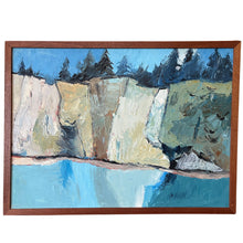 Load image into Gallery viewer, Coastal cliff landscape painting with calm blue water in Al Rossi Bar Harbor.
