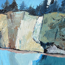 Load image into Gallery viewer, Cliff face and shoreline detail with palette knife texture in Al Rossi Bar Harbor painting.

