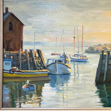 Load image into Gallery viewer, Detail of boats in marina from Al Rossi Lone Seagull painting showing docked vessels and water reflections.
