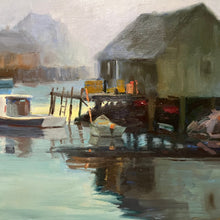 Load image into Gallery viewer, Detail of Misty Cove painting by Al Rossi showing boathouses and their reflection on the water.
