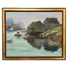 Load image into Gallery viewer, Acrylic painting titled Misty Cove by Al Rossi depicting a coastal scene with boathouses and water.
