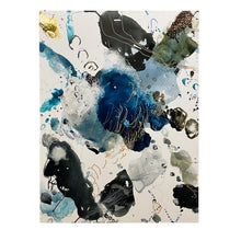 Load image into Gallery viewer, Mixed media abstract panel with blue, black, and white forms from Alison Cooley’s Tidal Series I, Panel 2
