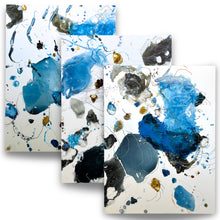 Load image into Gallery viewer, Three-panel mixed media abstract triptych with blue, black, and gray forms from Alison Cooley’s Tidal Series II
