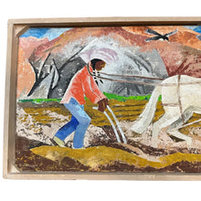 Load image into Gallery viewer, Detail of American Indian Plowing painting by Barbara Latham showing figure plowing with horse in a rural landscape.
