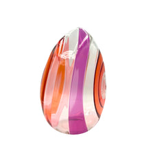 Load image into Gallery viewer, Side view of Echo glass sculpture by Cal Breed showing curved teardrop shape and layered pink and orange glass.
