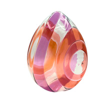 Load image into Gallery viewer, Art glass sculpture titled Echo by Cal Breed featuring a teardrop form with pink and orange layered glass and circular opening.
