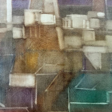Load image into Gallery viewer, Detail of geometric shapes and muted color blocks with soft edges and layered paint.
