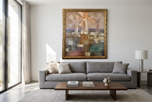 Load image into Gallery viewer, Computer-generated illustration: Carlos Catasse oil painting Windmills in an ornate gold frame hanging above a gray sofa
