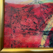 Load image into Gallery viewer, Close-up of lower corner of frame on Carlos “Sueños” Ortiz painting showing gold-toned frame detail.
