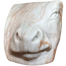 Load image into Gallery viewer, Front detail of bovine face highlighting eyes, nose, and smooth carved surface in alabaster.
