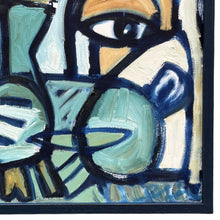 Load image into Gallery viewer, Close-up detail of the lower right section of Cubist Still Life, highlighting bold black linework, circular abstract forms, expressive brushwork, and dark blue frame detail.
