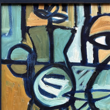 Load image into Gallery viewer, Close-up detail of the upper left section of Cubist Still Life, showing abstract vessel forms, layered geometric shapes, and textured brushwork in aqua, navy, cream, and ochre tones.
