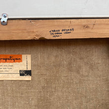 Load image into Gallery viewer, Detail of back label and canvas edge, showing gallery or artist markings.
