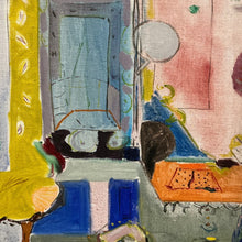Load image into Gallery viewer, Detail of Deborah Khan watercolor showing stylized figure and surrounding interior elements with layered color.
