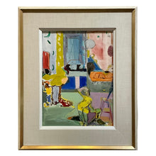 Load image into Gallery viewer, Watercolor painting by Deborah Khan featuring an abstract interior scene with figures, furniture, and bold color blocks.
