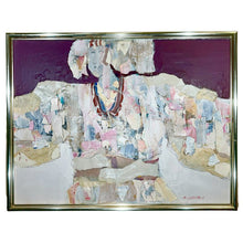 Load image into Gallery viewer, Full view of Dorothy Norris Moses untitled abstract mixed media painting with layered textures and purple background.
