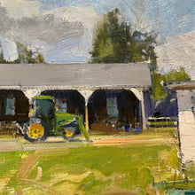 Load image into Gallery viewer, Detail of Edward Thomas painting showing tractor and covered farm structure with loose, textured brushwork.
