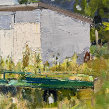 Load image into Gallery viewer, Detail of Edward Thomas farm scene showing a utility trailer beside a small outbuilding in grassy field.
