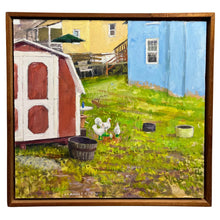 Load image into Gallery viewer, Oil on board painting “Four Chickens” by Edward Thomas depicting a Charlottesville backyard scene with chickens, green grass, and colorful outbuildings.
