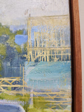 Load image into Gallery viewer, Close-up of left section showing architectural forms and vertical lines with soft blue and yellow tones.
