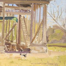 Load image into Gallery viewer, Close-up of the open wooden house structure with beams, ladder, and interior framing visible.
