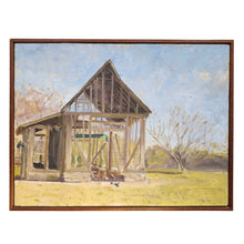 Load image into Gallery viewer, Oil painting of a partially constructed wooden house frame in a rural landscape, in a wood frame.
