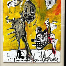Load image into Gallery viewer, Close-up of signature on Hen Pecked mixed media painting by Emmeric Konrad, signed E. James Konrad 1991.
