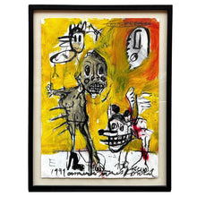 Load image into Gallery viewer, Mixed media painting titled Hen Pecked by Emmeric Konrad, 1991, featuring expressive cartoon-like figures in bold yellow, red, and black tones.
