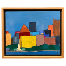 Load image into Gallery viewer, Gayle Levine oil on board painting of Richmond skyline with bold geometric blocks of color
