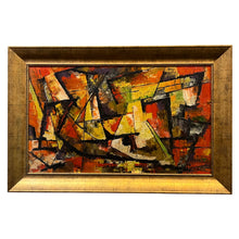 Load image into Gallery viewer, Oil painting titled Sailboats by Gerald Manger, 1964, featuring abstract geometric sailboat forms in bold color.
