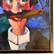 Load image into Gallery viewer, Detail of lower right corner of Groucho Marx oil painting showing painted surface and edge of composition.
