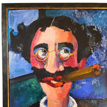 Load image into Gallery viewer, Close-up of upper left corner of Groucho Marx oil painting showing brushwork and background detail.
