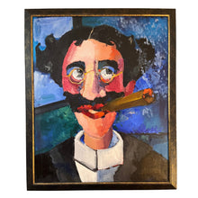 Load image into Gallery viewer, Oil painting portrait of Groucho Marx, signed Gussen, showing stylized figure with cigar.

