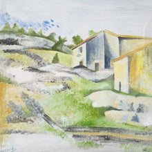 Load image into Gallery viewer, Detail of hillside structures and surrounding landscape with layered brushwork and color transitions.
