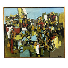 Load image into Gallery viewer, Abstract expressionist painting by Hilda Bellanca depicting a crowded stadium scene with layered gestural figures in olive green, ochre, black, blue, and red tones.
