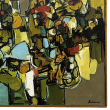 Load image into Gallery viewer, Close-up detail of the lower right corner of Hilda Bellanca’s Stadium Crowd showing the artist’s signature and textured abstract brushwork.
