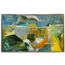 Load image into Gallery viewer, Abstract oil painting by Irving Kaufman featuring gestural forms in green, yellow, and blue tones.
