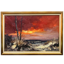 Load image into Gallery viewer, Jan Bévort Holland 1971 coastal landscape painting with dune shoreline and vivid red-orange sunset sky
