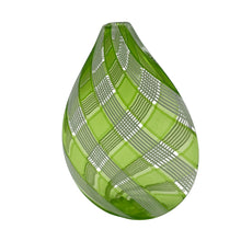 Load image into Gallery viewer, Side view of green striped glass vase by Jeffrey P’an showing elongated form and vertical pattern.
