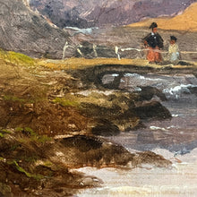 Load image into Gallery viewer, Figures crossing a bridge over a stream in countryside landscape painting by Joseph Horlor.
