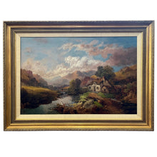Load image into Gallery viewer, 19th century landscape painting by Joseph Horlor with river, bridge, and countryside village scene.

