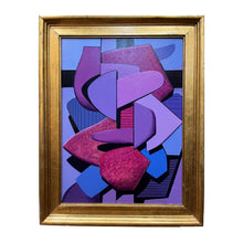 Load image into Gallery viewer, Acrylic painting on board titled Hidden Cross by Kenneth Licht, 1997, featuring abstract geometric forms in purple and pink tones.
