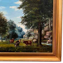 Load image into Gallery viewer, Corner of framed painting showing artist signature and wood frame in L Sielke Landscape with Cows.
