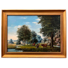 Load image into Gallery viewer, Pastoral landscape painting with grazing cows, trees, and stream in L Sielke Landscape with Cows.
